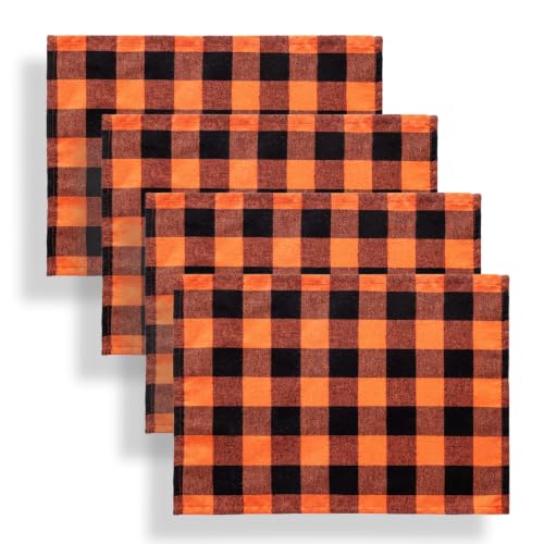 AQOTHES Fall Plaid Placemats Set of 4 Orange Black Checked Table Mats 12×18 - color: Orange Black