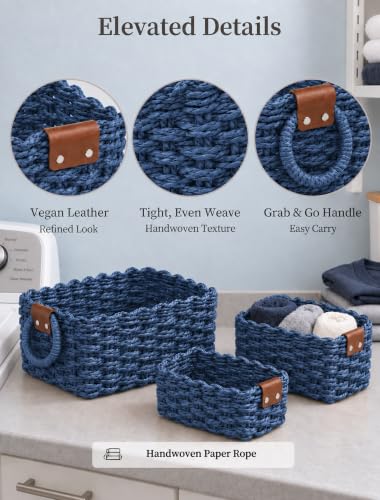 Small Wicker Baskets, 3 PCS Paper Rope Baskets for Shelves, Blue - color: Blue