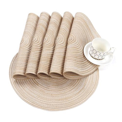 SHACOS 15 inch Round Placemats Set of 6, Cotton Polyester Woven Braided Place Mats, Washable Heat Resistant Circle Table Mats for Dining Table (Beige, 6) - color: Beige, size: Set of 6