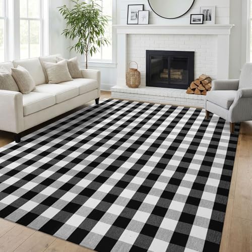 KILOCOCO Buffalo Plaid Checkered Rug 7.5x10 ft Black White Living Room Rug - color: Black and White, size: 7'6" x 10' (Rectangular)