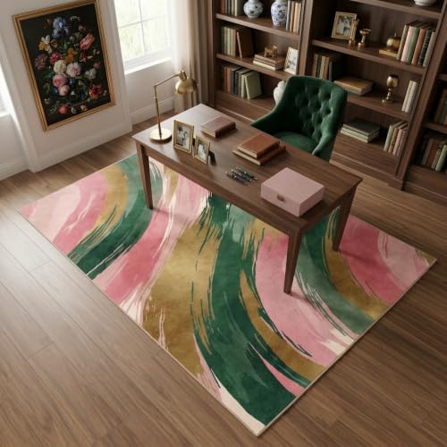 5x7 Pink and Green Area Rug, Modern Abstract Brushstroke Design - color: Pink/Green/Gold, size: 5' x 7' (Rectangular)