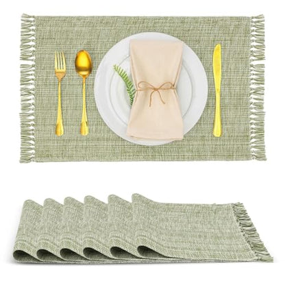 Cotton Placemats Set of 6-13x19 Inch, Woven Chambray Place Mats, Durable & Elegant for Dining Table, Wedding, Restaurant, Machine Washable, Oeko-TEX Certified - Green - color: Green - Chambrey