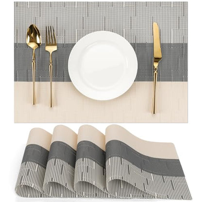 Placemats Set of 4, Vinyl Woven Heat-Resistant Place Mats - color: Beige Dark Gray, size: Set of 4