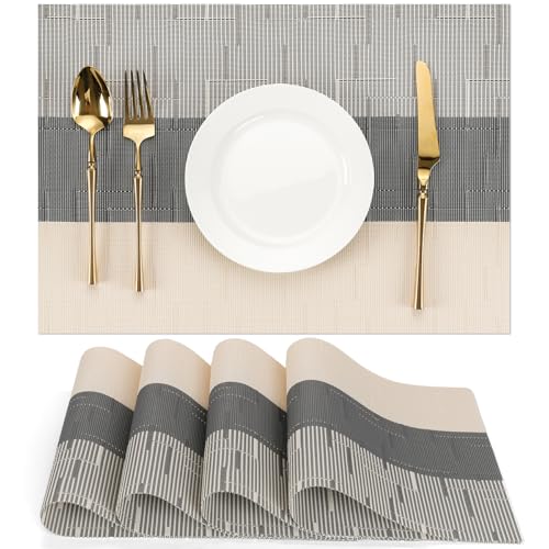 Placemats Set of 4, Vinyl Woven Heat-Resistant Place Mats - color: Beige Dark Gray, size: Set of 4