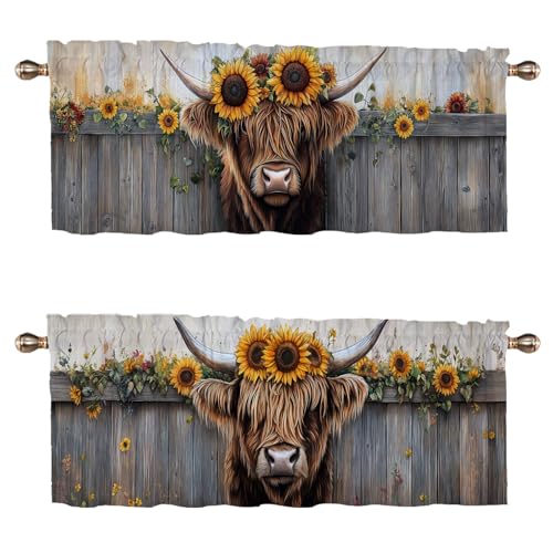 Highland Cow Sunflower Valances Curtains for Kitchen Windows 2 Pack Brown Hair Cattle Valance for Bedroom Living Room Bathroom Rod Pocket Window Curtains Window Treatment Valances 54x18 inch - color: Highland Cow Sunflower