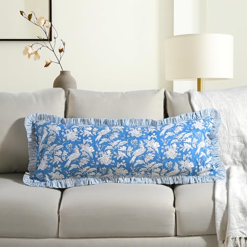 CPC Blue Sapphire Block Print Ruffle Sham Pillow Cover 20x54 Inch Pack of 1 - color: Blue Sapphire, size: 54" x 20" (Pack of 1)