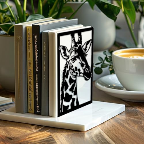 Peacoblue 5.3"x4.3"x7.9" Metal Bookends, Heavy Duty Book Ends for Shelves - style: Giraffe