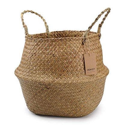 DOKOT Seagrass Plant Basket with Handles, Wicker Woven Storage Basket (8.3inch Diameter x 9inch Height), Natural - size: M (8.3" D x 9" H)