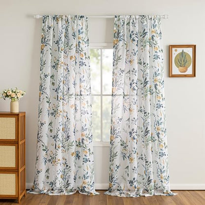 MYSKY HOME Yellow and Blue Sheer Floral Curtains 95 Inch Length 2 Panels - color: A-yellow & Blue, size: 52"W x 95"L (Pack of 2)