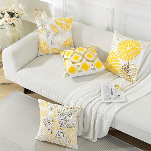 TAOSON Pack of 4 Mustard Yellow & Gold Throw Pillow Covers 18x18 Inch - Geometric Shell Pattern Cushion Cases with Bronzing Print, Soft Cozy Decorative Pillows for Sofa Couch Bed - color: Yellow, size: 18" x 18" (Pack of 4)
