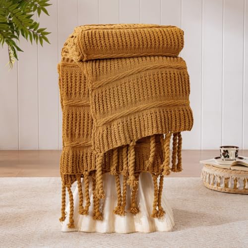 Boho Knitted Chenille Blanket with Tassels - Lightweight & Soft All-Season Throw - 3D Classic Pattern for Living Room Bedroom Couch, Amber Brown, Queen 90"x90" - color: Amber Brown, size: Queen
