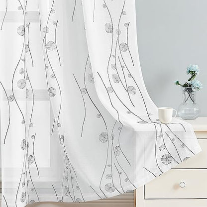 HOMEIDEAS Grey and White Sheer Curtains 52 X 63 Inches Length 2 Panels Embroidered Wave Line with Spiral Pattern Pocket Faux Linen Semi Sheer Voile Window Curtains/Drapes for Bedroom Living Room - color: Grey and White, size: 52"W x 63"L (Pack of 2)