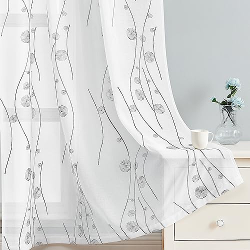 HOMEIDEAS Grey and White Sheer Curtains 52 X 63 Inches Length 2 Panels Embroidered Wave Line with Spiral Pattern Pocket Faux Linen Semi Sheer Voile Window Curtains/Drapes for Bedroom Living Room - color: Grey and White, size: 52"W x 63"L (Pack of 2)