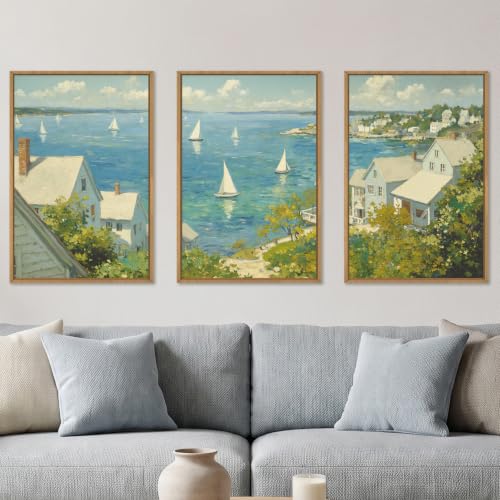 Large Coastal Sailboat Framed Canvas Wall Art Set,Summer Seascape Wall Decor,Nautical Blue Ocean Art Prints,Nature Beach Artwork for Living Room,Bedroom,Dining Room,Office-16 x24 x3 - color: Coastal Sailboat Canvas Wall Art, size: 16"L x 24"W