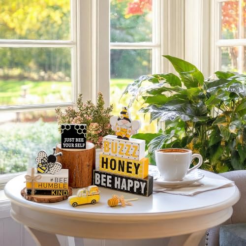 11 Pcs Bee Table Decorations Bee Tiered Tray Decorations Set Gnome Stack Signs Honey Farmhouse Rustic Wooden Table Centerpieces for Home Party - style: Bee