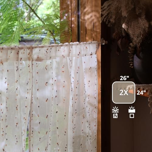 jinchan Brown Pom Pom Voile Kitchen Tier Curtains 24 Inches 2 Panels - color: Dottie Amber Bloom, size: 26"W x 24"L (Pack of 2)