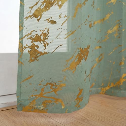Horaldaily 2Pcs Sage Green Sheer Curtains 52x84in, Gold Sequin Marble - color: Sage Green and Gold, size: 52"W x 84"L (Pack of 2)