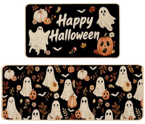 Baccessor Halloween Kitchen Rug Cute Ghost Set of 2,17x29 and 17x47 Inch - color: Cute Ghosts