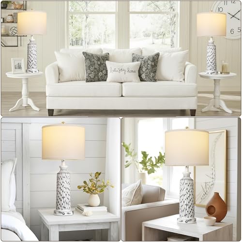 QiMH 26" Table Lamps Set of 2, Modern Bedside Lamps with USB A+C Ports, 3-Way Dimmable Touch Control & White Shade, Coastal White Gray Nightstand Lamp for Living Room Bedroom, Included 2700K LED Bulbs - color: Gray white