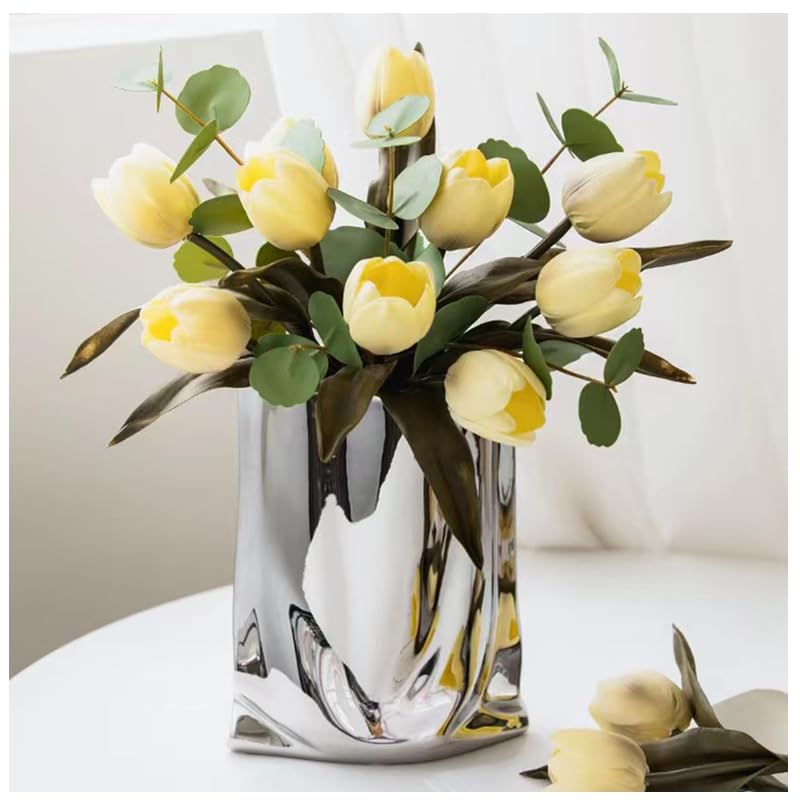 Ceramic Flower Vase, Crinkle Paper Shape, Silver Metal, Decorative Home Accent (Small) - size: Small
