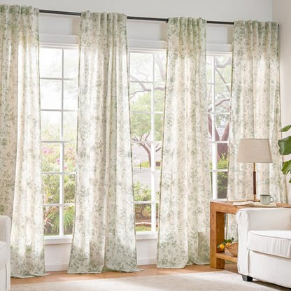 jinchan Custom Size Curtain Green Floral Linen Curtain Back Tab 1 Panel - color: Amlie Green, size: Custom