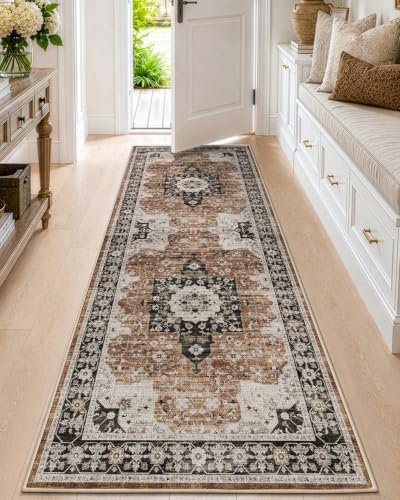 DEXI 3x7 Runner Rug for Hallway Non Slip Washable, Vintage Floral, Brown - color: Brown, size: 3' x 7' (Runner)