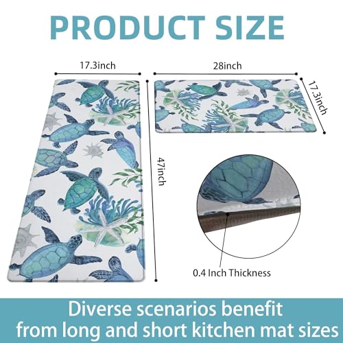 Tritard Coastal Beach Kitchen Rugs Mats Set of 2 Cushioned Anti Fatigue Kitchen Floor Mat 0.4 Inch Sea Turtles Non Slip Waterproof Kitchen Rug PVC Leather Comfort Mats for Kitchen, Blue, 17x28+17x47 - color: Blue-4