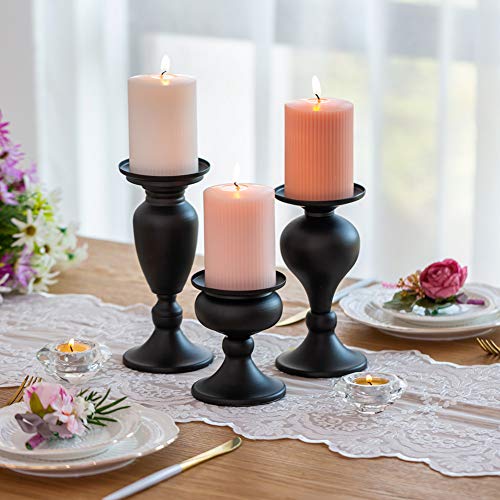 Sziqiqi Metallic Pillar Candleholder Set for Candle Centerpieces, Table Mantel Fireplace Decoration Set of 3 Gourd-Shaped Design Black