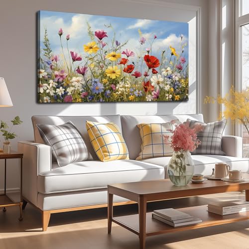 Flower Canvas Wall Art for Office Women Colorful Paintings for Wall - color: Yellow Red White, size: 48"L x 24"W