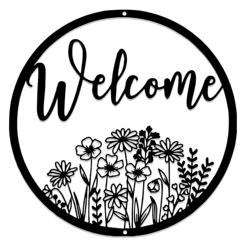 Wildflower Welcome Sign Floral Metal Wall Art Welcome Door Decor Outdoor Hanging Wall Sign Flower Design Farmhouse Front Door Porch Decoration (Black) - color: Black