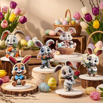 Wenqik 6 Sets Easter Table Decorations Easter 5.1"x4.3" Bunny Wooden Table Centerpieces 3D Visual Tiered Tray Centerpiece Party Supplies Wooden Spring for Home Farmhouse Bedroom Living Room Decor - style: Bunny