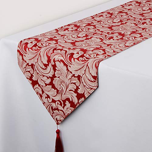 EHouseHome Jacquard Damask Reversible Burgundy Table Runners with Tassels 13 x 72 inch Wrinkle and Water Resistant Spill-Proof Decorative Dining and Wedding Runners - color: Burgundy With Tassels