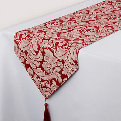 EHouseHome Jacquard Damask Reversible Burgundy Table Runners with Tassels 13 x 72 inch Wrinkle and Water Resistant Spill-Proof Decorative Dining and Wedding Runners - color: Burgundy With Tassels