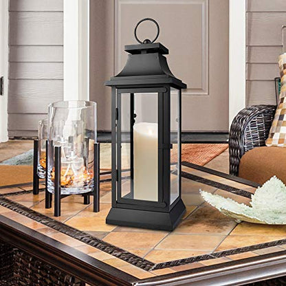 Serene Spaces Living Black Metal Hurricane Lantern with Clear Glass – 15" Tall, 5" Square. Versatile Hanging/Tabletop Candle Holder for Weddings, Parties, Indoor & Outdoor Home décor. - size: Medium, Pack of 1