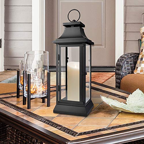 Serene Spaces Living Black Metal Hurricane Lantern with Clear Glass – 15" Tall, 5" Square. Versatile Hanging/Tabletop Candle Holder for Weddings, Parties, Indoor & Outdoor Home décor. - size: Medium, Pack of 1