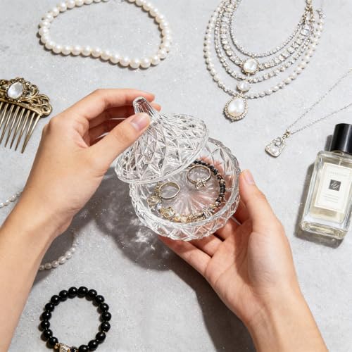Glass Jewelry Box, Crystal Candy Dish with Lid, Ring Box, Small Trinket Dish, Jewelry Organizer Dish with Lid, Decorative Jewelry Bowls for Home Decor, Christmas Birthday Gifts for Women (Classic) - style: Classic