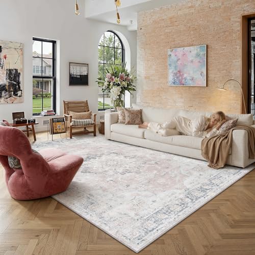 PureCozy Pink Blue 5x7 Area Rug Washable Vintage Distressed Medallion - color: Vintage | Pink Blue, size: 5' x 7' (Rectangular)