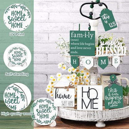 FairySandy 11 Pcs Home Tiered Tray Decor Green Rustic Wooden Signs - style: Green Style