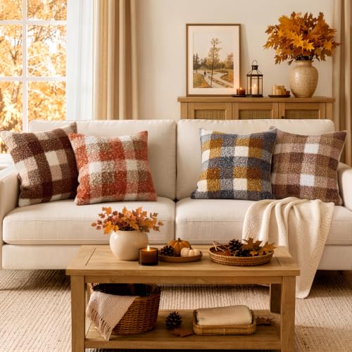 MIULEE Fall Plaid Pillow Covers Boucle Yellow Blue 20x20 Set of 2 - color: Yellow Blue, size: 20" x 20" (Pack of 2)