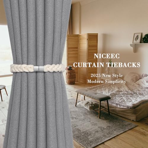 NICEEC 2 Pack Natural Cotton Rope Curtain Tiebacks Elegant Boho Style Magnetic Drape Tie Backs Soft Hand-Woven Rope Curtain Holdbacks for Home & Office Drapery (Cotton rope-01) - color: Cotton Rope-01, size: 2 Pack