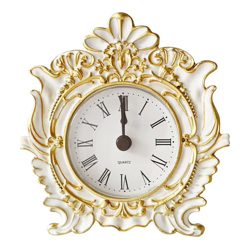 Decorative Mini Table Clock, Vintage Metal Silent Analog Quartz Battery Operated Table Top Clock for Living Room Decor Shelf - color: White