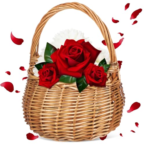 MAGICLULU Wicker Flower Basket with Handle Small Willow Woven Wedding Girl Basket for Candy Picnic Petals Rattan Storage Bin for Home Garden Decor, 8.66 x 6.10In, Light Brown