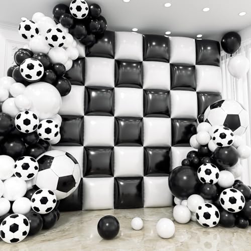 36pcs Black and White Square Foil Balloons Wall Backdrop with 114pcs Soccer Balloon Garland Arch Kit, Double Sided Balloons for World Soccer Boys Sports Theme Baby Shower Party Decorations Set - color: Black and White Soccer