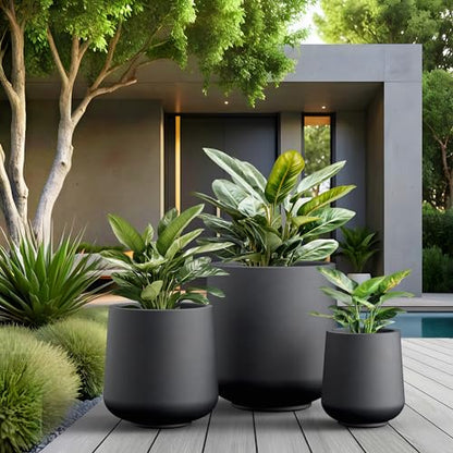 Kante Round Concrete Planter Set of 3-9.4"/13"/16.5" Dia Barrel-Style Garden Pots with Drainage Hole for Flowers and Trees (7.1"/10.2"/13.8" Opening), Black - color: Black, size: 16.5"+13"+9.4" D