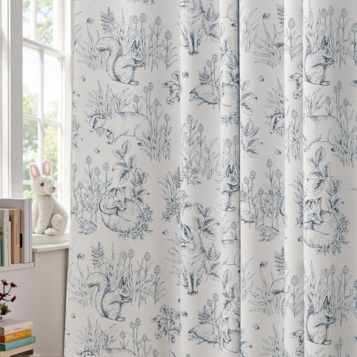jinchan Blue Blackout Curtains 84 Inch Woodland Back Tab 2 Panels - color: Blue on Beige, size: 50"W x 84"L (Pack of 2)