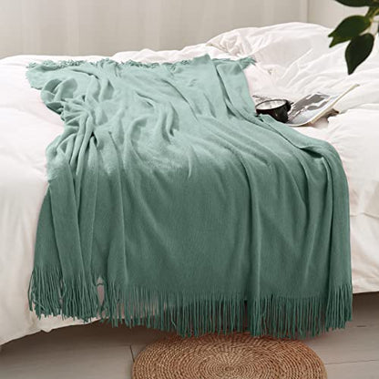Homiest Sage Green Knitted Throw Blanket with Fringe, 50x60 Inch - color: Sage Green, size: 50" x 60"