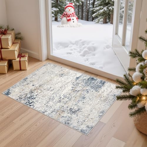 DMOYEST 2x3 Entryway Area Rug Washable Abstract Beige Blue Small Carpet - color: Beige Blue, size: 2' x 3' (Rectangular)
