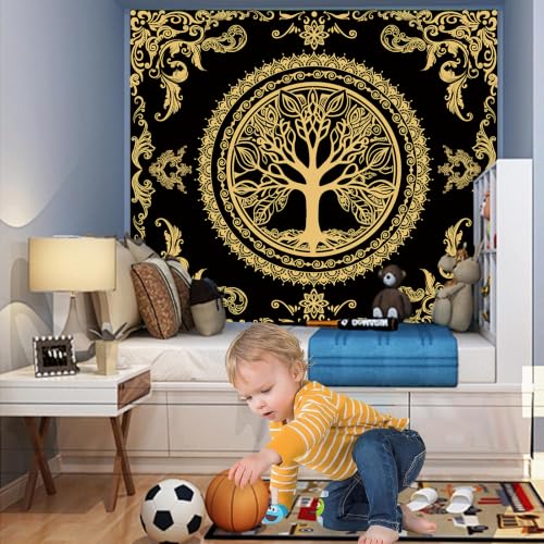 Black Golden Boho Tapestry for Bedroom, Hippie Tree of Life Wall Tapestries - color: H - Black Golden Tapestry, size: 60"L x 51"W