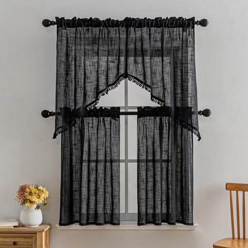 Beda Home Tassel Linen Textured Swag Curtain Valance, Black, 36 x 45 in - color: Black, size: 36"W x 45"L (Pack of 2)