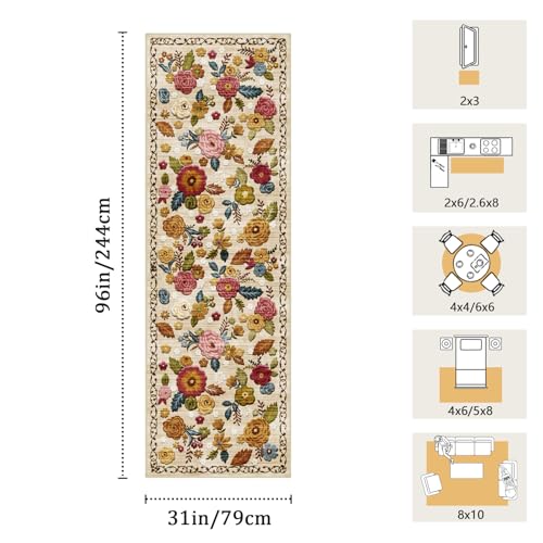 Washable 2.6x8 Runner Rug, Beige Boho Floral Non-Slip for Hallway, Kitchen - color: Beige, Cream, Mustard, Brick Red and Blue, size: 2'7" x 8' (Rectangular)